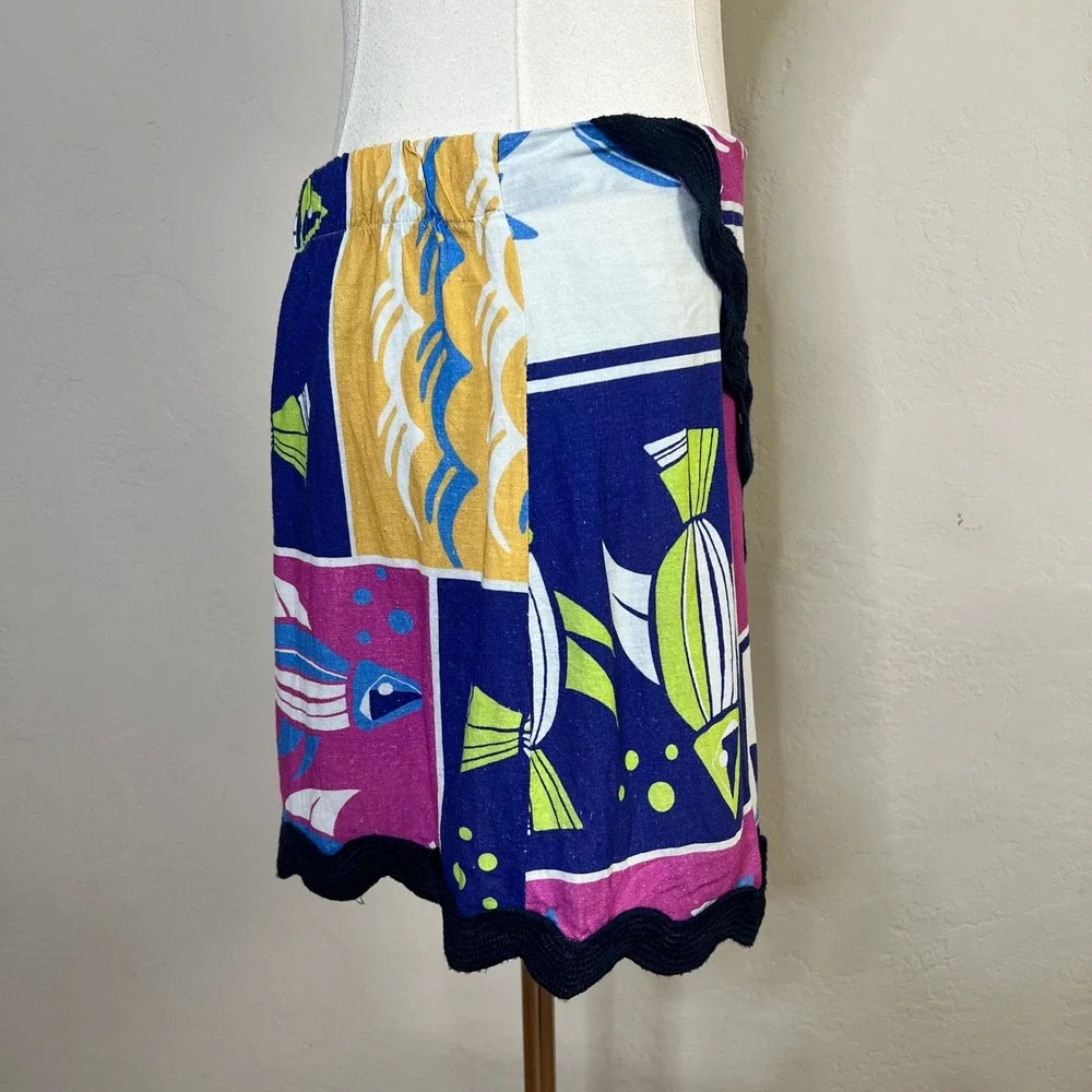 Anthropologie Celandine‎ Mini Skirt Fish Print XS Colorful Linen Blend Ric Rac